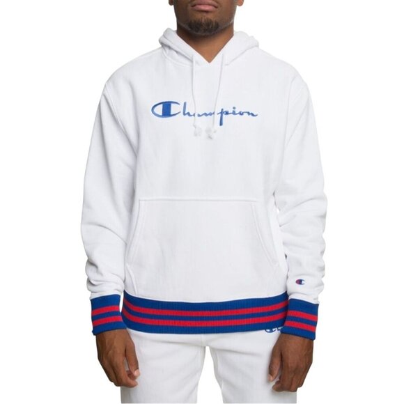 Champion NWT Reverse Weave Yarn Dyed Hoodie Red Blue Band Trim Size L - Picture 1 of 13